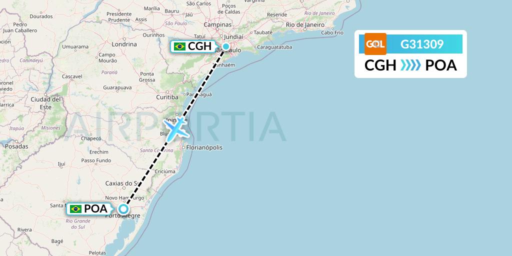 G31309 GOL Transportes Aeros Flight Map: Sao Paulo to Porto Alegre
