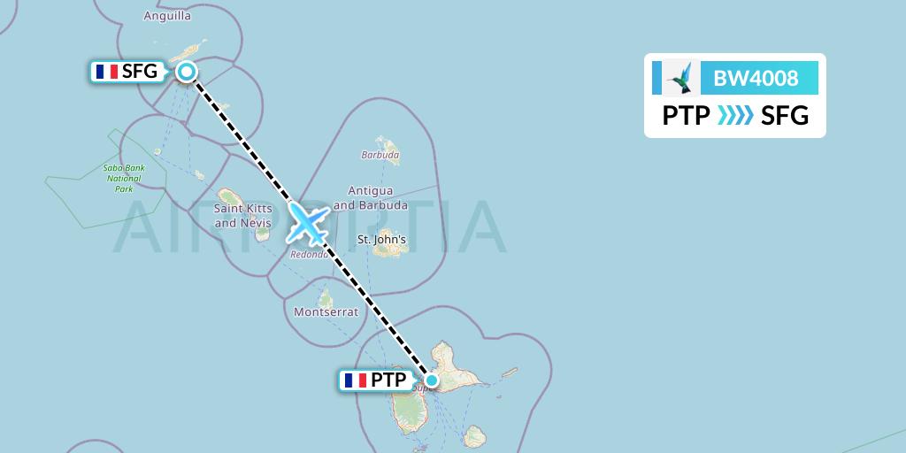 BW4008 Caribbean Airlines Flight Map: Pointe-a-Pitre to Sint Maarten