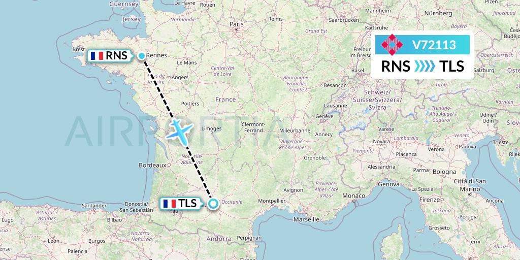 V72113 Volotea Flight Map: Rennes to Toulouse