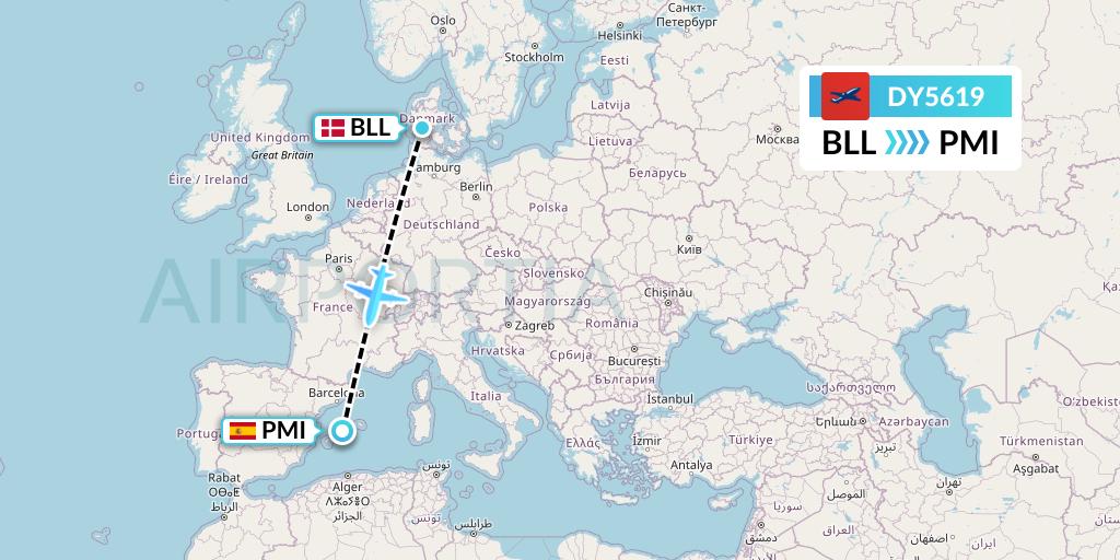 DY5619 Norwegian Flight Map: Billund to Palma de Mallorca