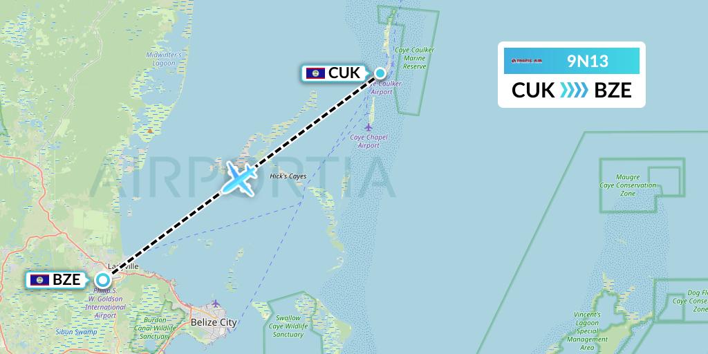9N13 Tropic Air Flight Map: Caye Caulker to Belize City