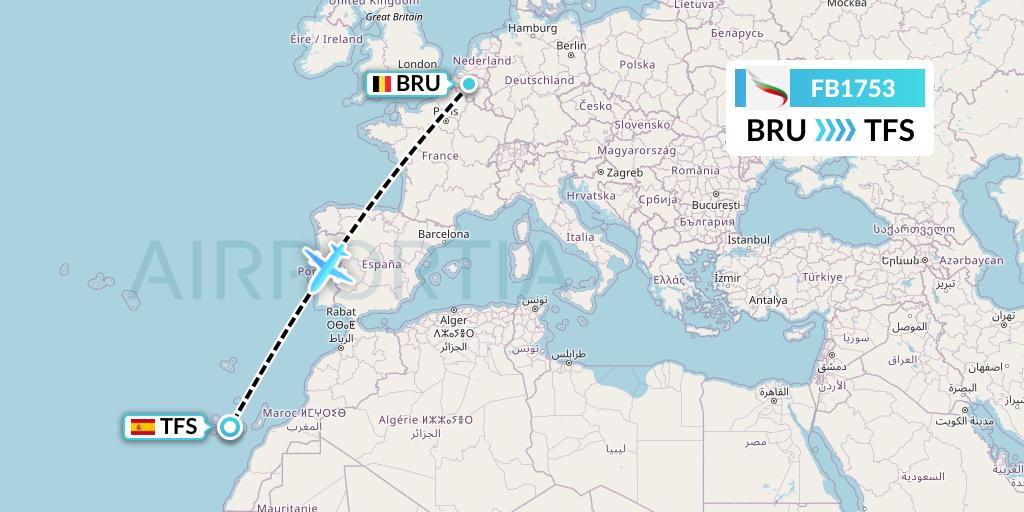 FB1753 Bulgaria Air Flight Map: Brussels to Tenerife