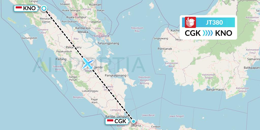 JT380 Lion Airlines Flight Map: Jakarta to Medan