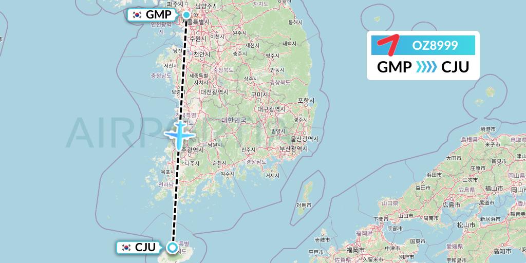 OZ8999 Asiana Airlines Flight Map: Seoul to Jeju