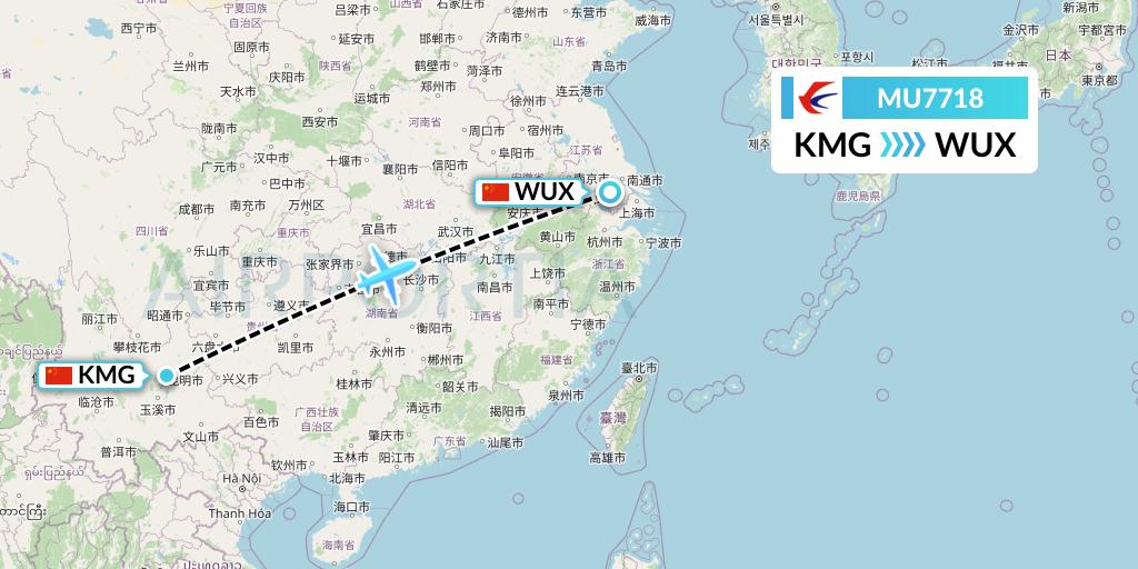 MU7718 China Eastern Airlines Flight Map: Kunming to Wuxi