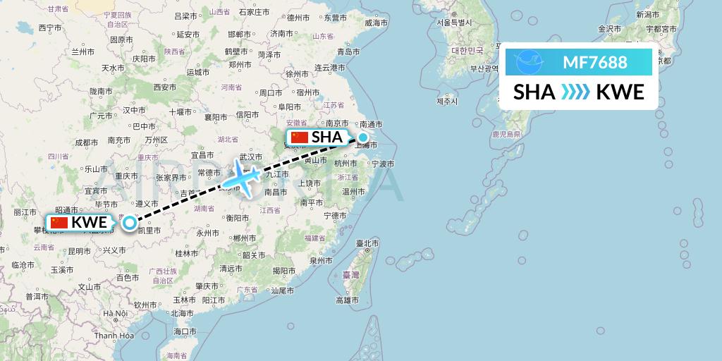 MF7688 Xiamen Airlines Flight Map: Shanghai to Guiyang