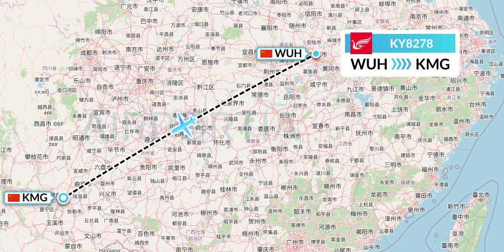 KY8278 Kunming Airlines Flight Map: Wuhan to Kunming