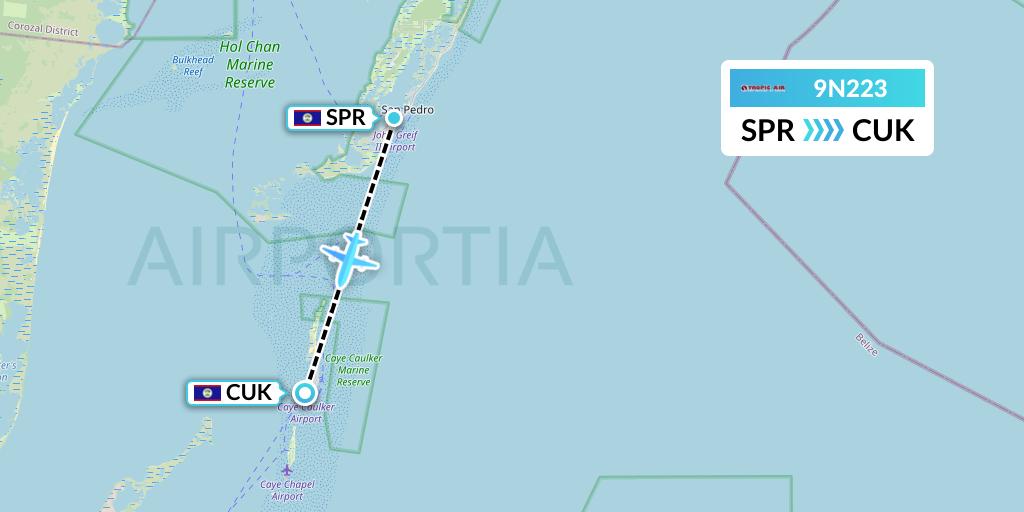 9N223 Tropic Air Flight Map: San Pedro to Caye Caulker