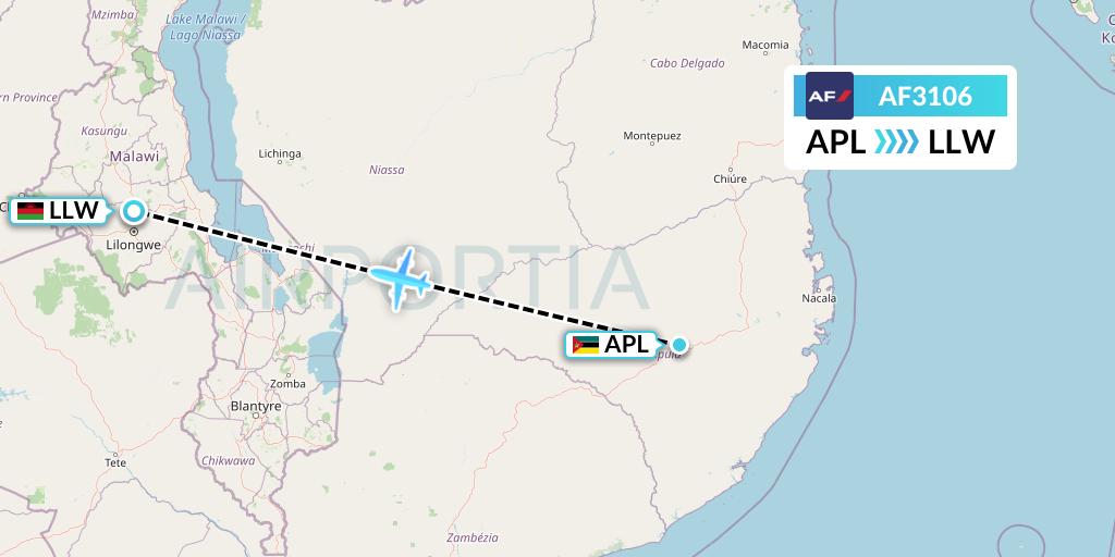 AF3106 Air France Flight Map: Nampula to Lilongwe