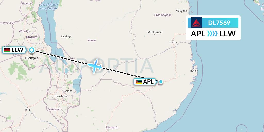 DL7569 Delta Air Lines Flight Map: Nampula to Lilongwe