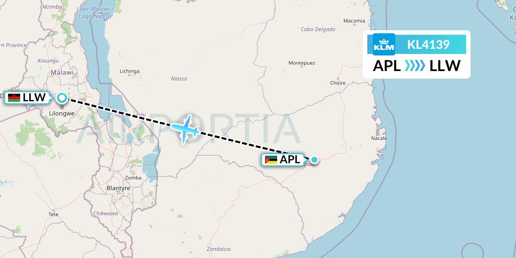 KL4139 KLM Flight Map: Nampula to Lilongwe