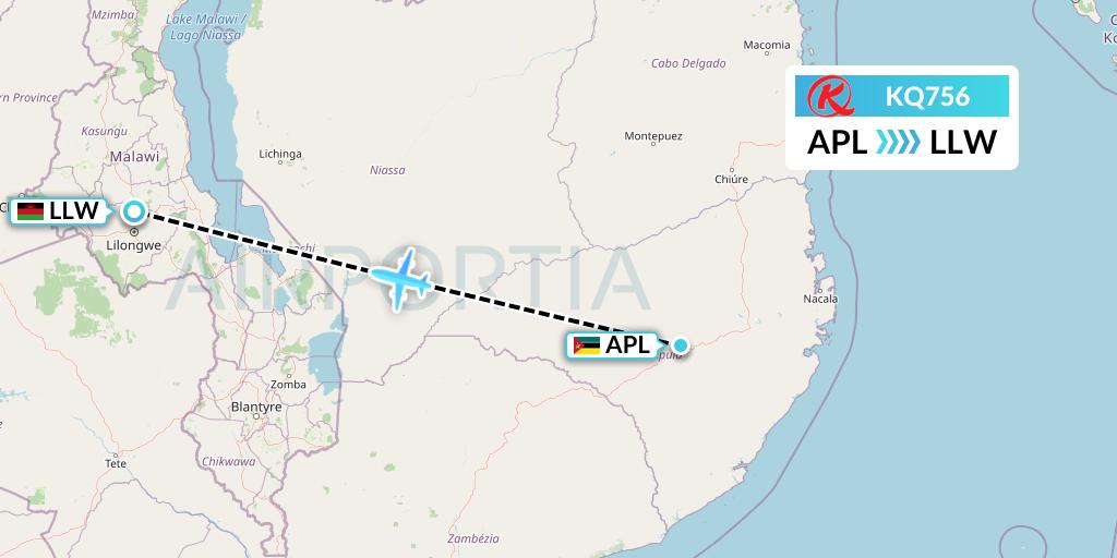 KQ756 Kenya Airways Flight Map: Nampula to Lilongwe