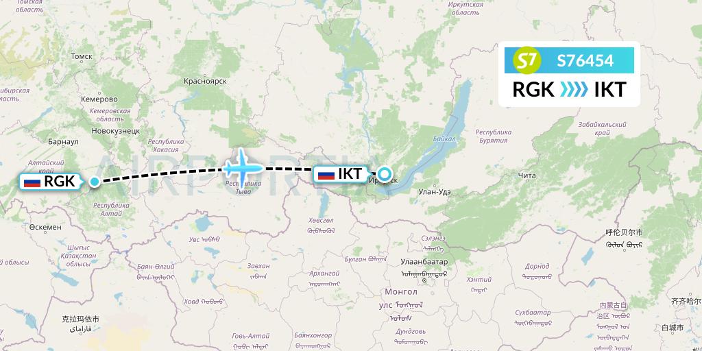 S76454 S7 Airlines Flight Map: Gorno-Altaysk to Irkutsk