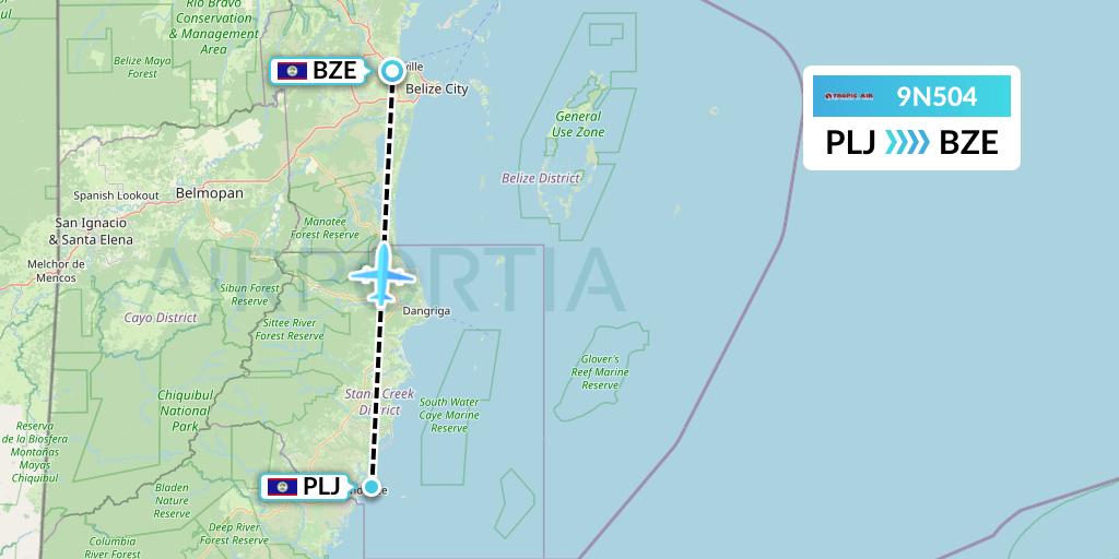 9N504 Tropic Air Flight Map: Placencia to Belize City