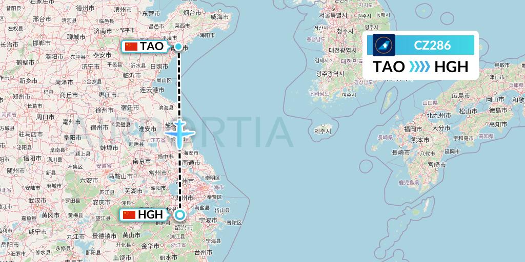 CZ286 China Southern Airlines Flight Map: Qingdao to Hangzhou