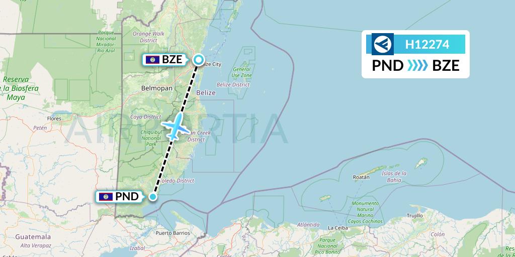 H12274 Hahn Air Systems Flight Map: Punta Gorda to Belize City