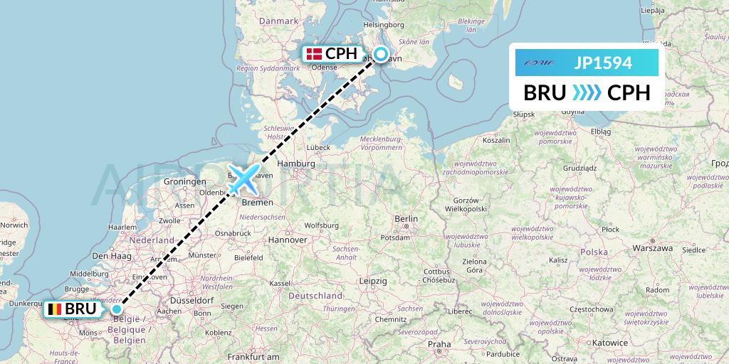 JP1594 Adria Airways Flight Map: Brussels to Copenhagen