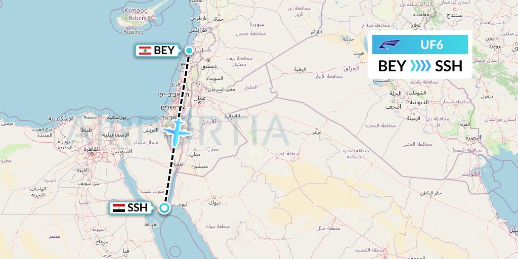 UF6 Ukrainian Mediterranean Airlines Flight Map: Beirut to Sharm el-Sheikh