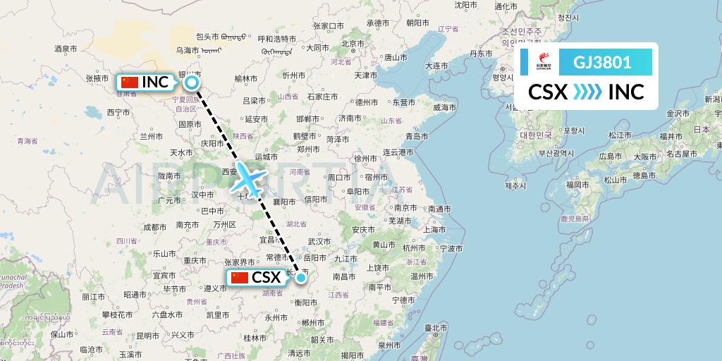 GJ3801 Loong Airlines Flight Map: Changsha to Yinchuan