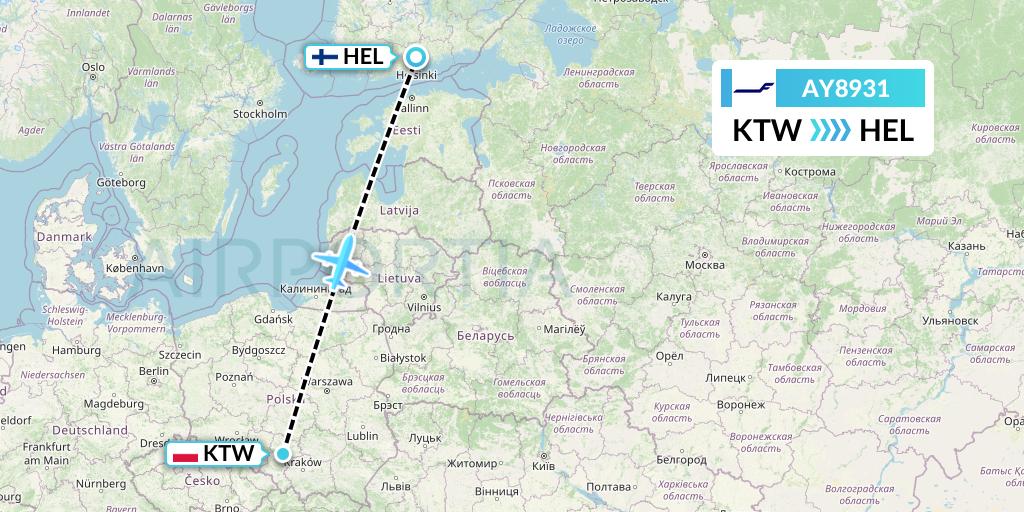 AY8931 Finnair Flight Map: Katowice to Helsinki