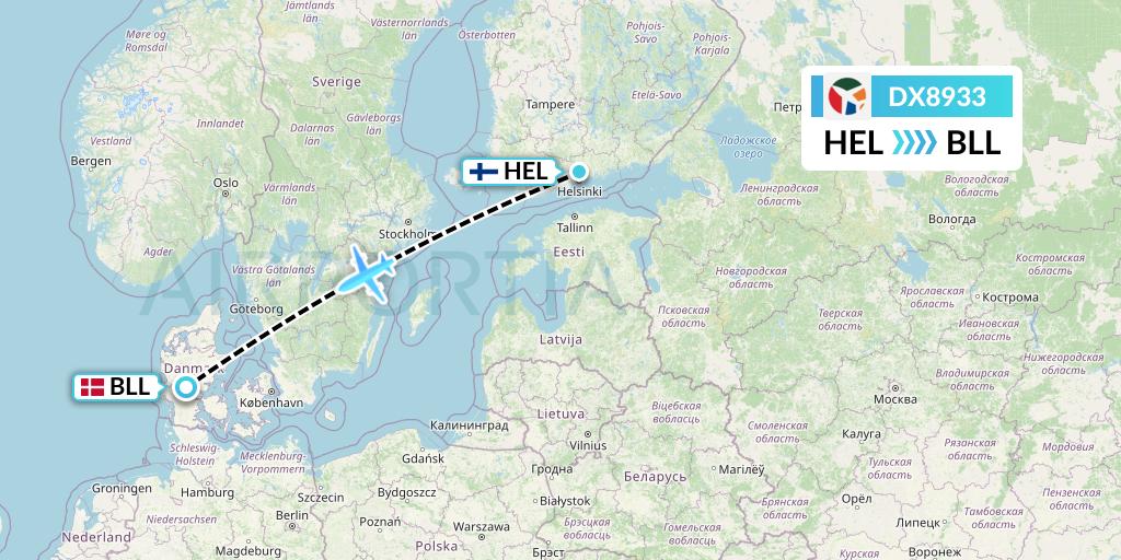 DX8933 Danish Air Transport Flight Map: Helsinki to Billund