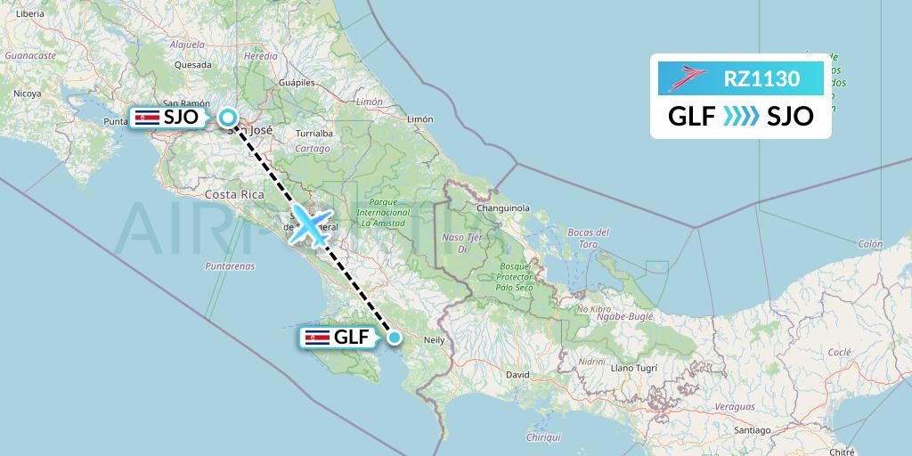RZ1130 Sansa Airlines Flight Map: Golfito to San Jose