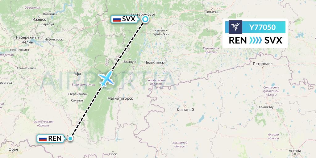 Y77050 NordStar Flight Map: Orenburg to Yekaterinburg