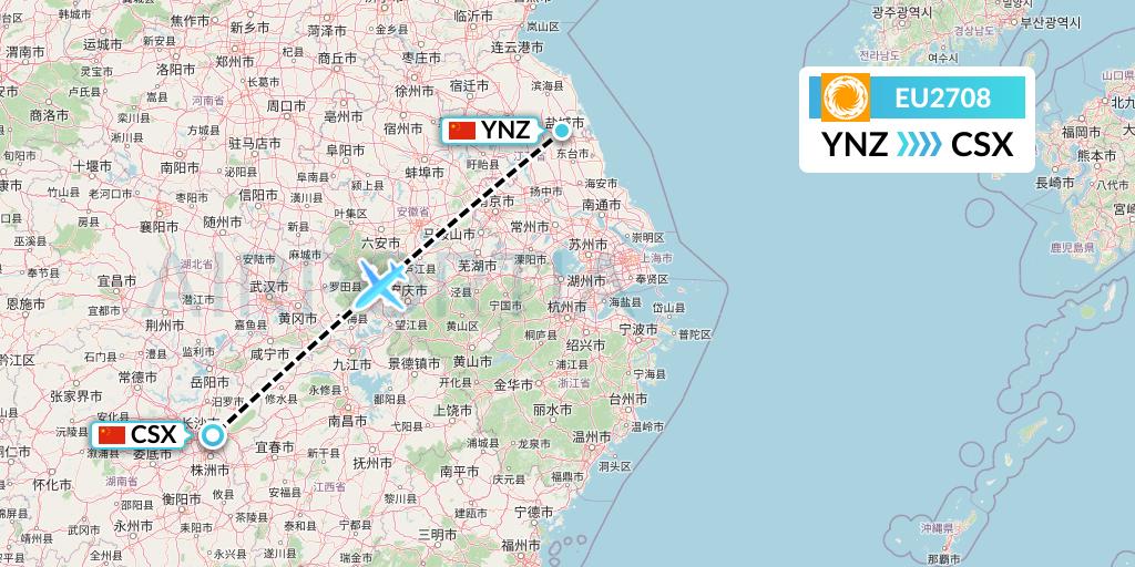 EU2708 Chengdu Airlines Flight Map: Yancheng to Changsha