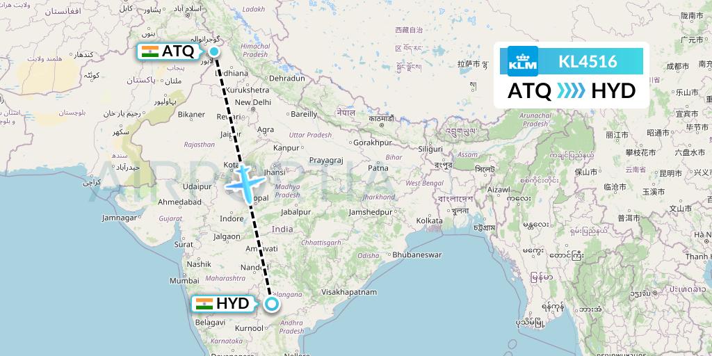 KL4516 KLM Flight Map: Amritsar to Hyderabad