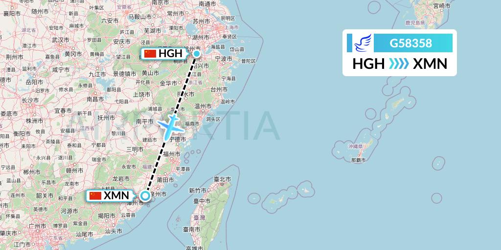 G58358 China Express Airlines Flight Map: Hangzhou to Xiamen