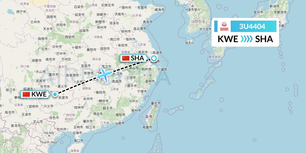 3U4404 Sichuan Airlines Flight Map: Guiyang to Shanghai