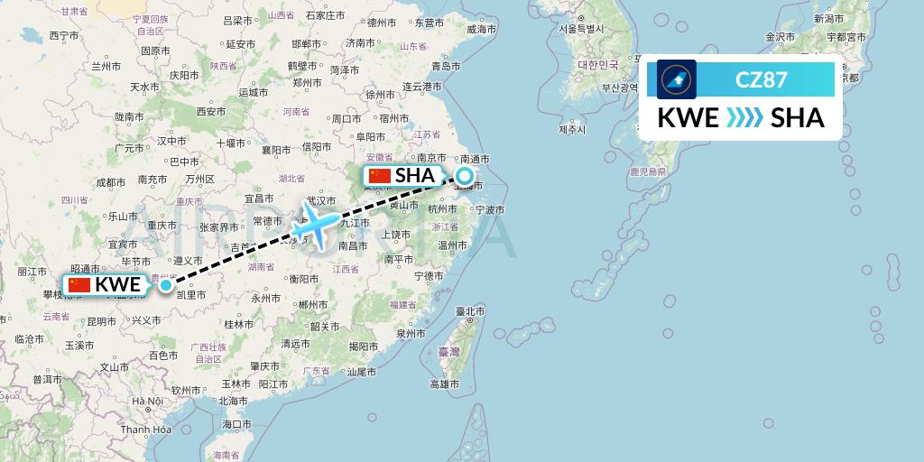 CZ87 China Southern Airlines Flight Map: Guiyang to Shanghai
