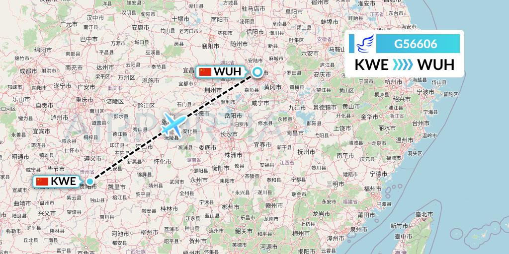 G56606 China Express Airlines Flight Map: Guiyang to Wuhan
