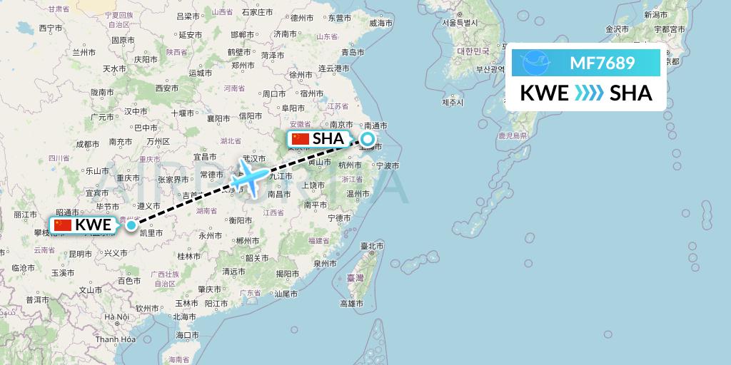 MF7689 Xiamen Airlines Flight Map: Guiyang to Shanghai