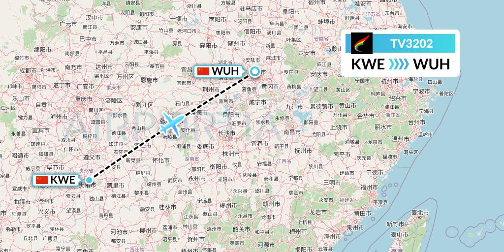 TV3202 Tibet Airlines Flight Map: Guiyang to Wuhan