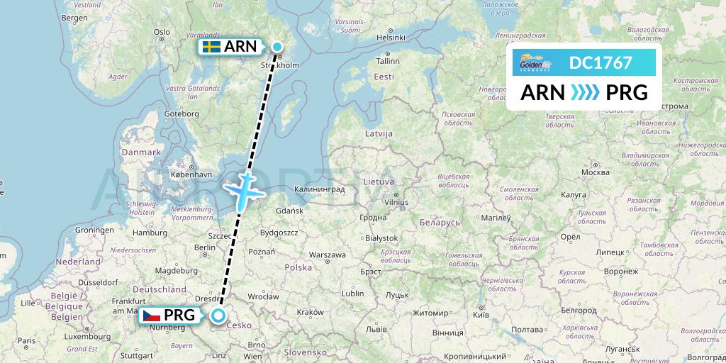 DC1767 Braathens Regional Flight Map: Stockholm to Prague