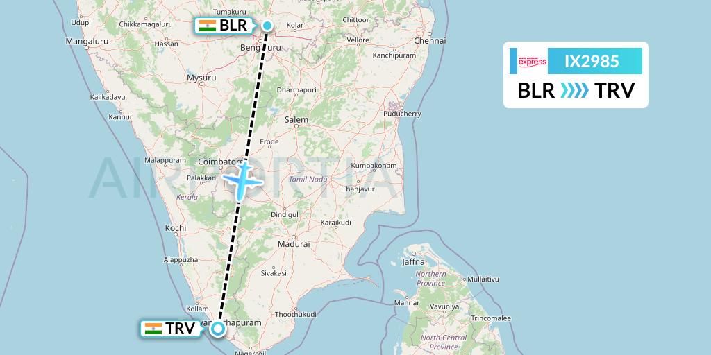IX2985 Air India Express Flight Map: Bangalore to Thiruvananthapuram