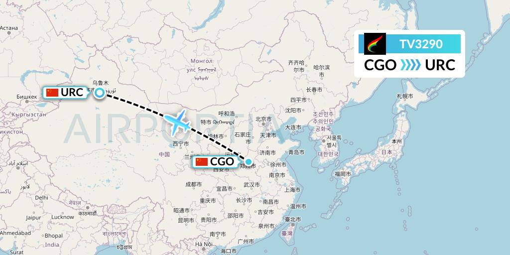 TV3290 Tibet Airlines Flight Map: Zhengzhou to Urumqi
