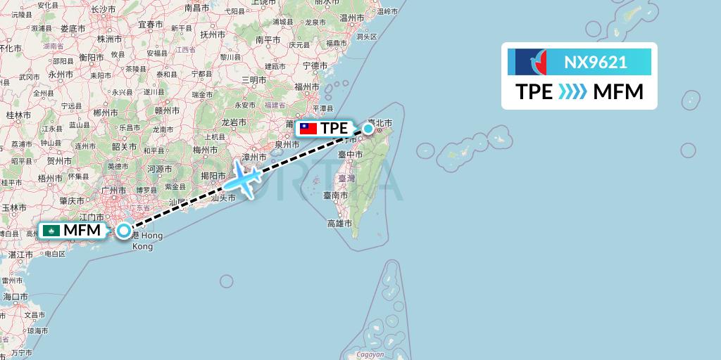 NX9621 Air Macau Flight Map: Taipei to Macau