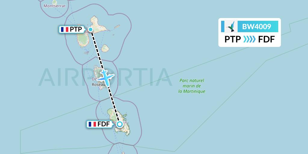 BW4009 Caribbean Airlines Flight Map: Pointe-a-Pitre to Fort-de-France