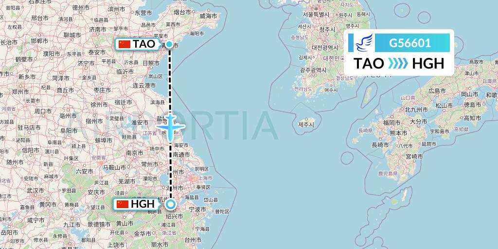G56601 China Express Airlines Flight Map: Qingdao to Hangzhou