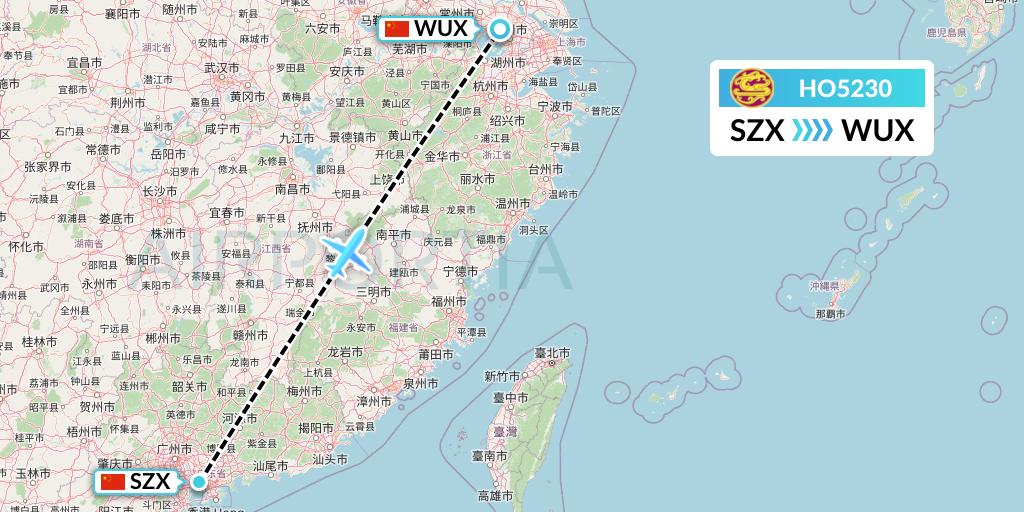 HO5230 Juneyao Airlines Flight Map: Shenzhen to Wuxi
