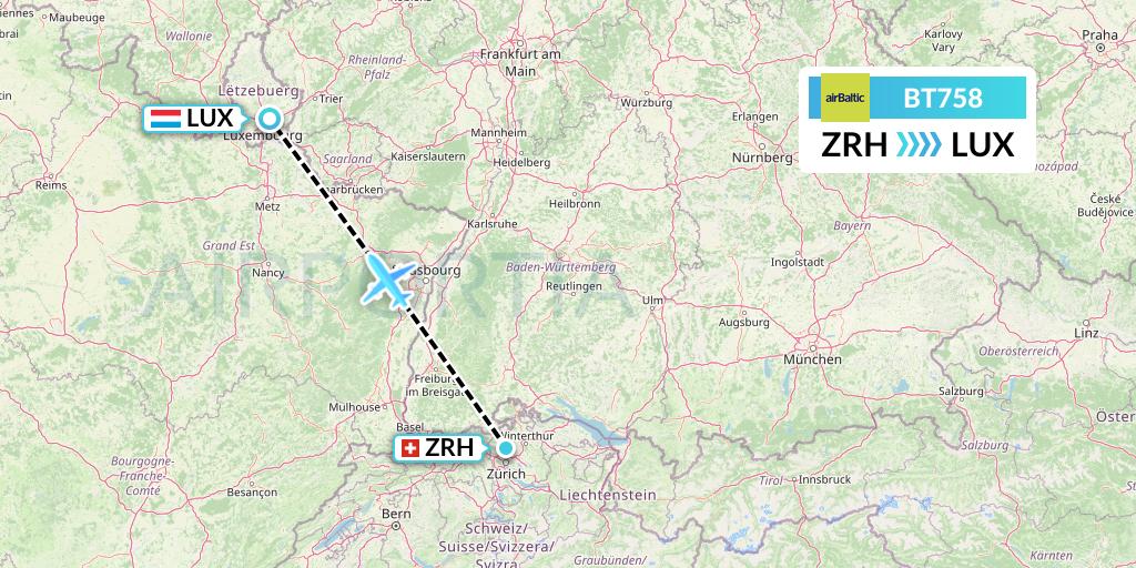 BT758 Air Baltic Flight Map: Zurich to Luxembourg