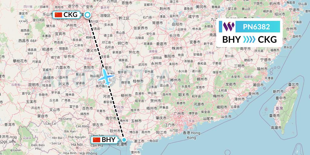 PN6382 China West Air Flight Map: Beihai to Chongqing
