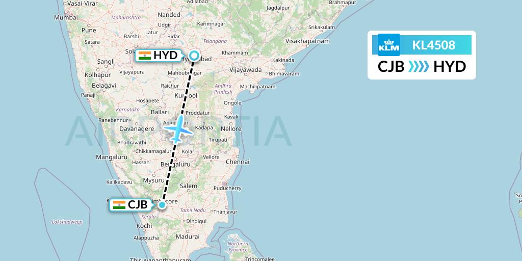 KL4508 KLM Flight Map: Coimbatore to Hyderabad