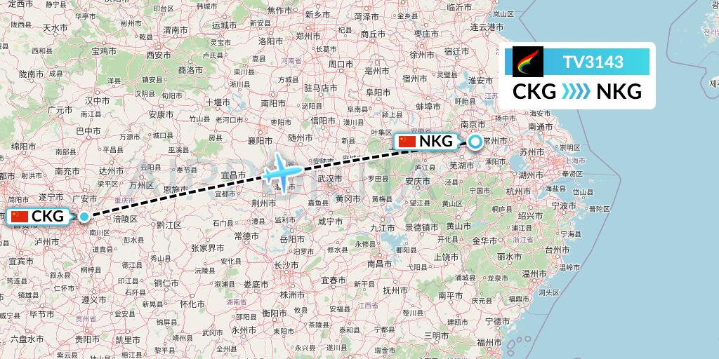 TV3143 Tibet Airlines Flight Map: Chongqing to Nanjing