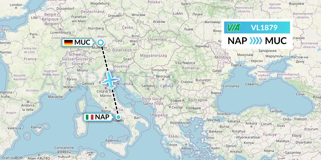 VL1879 Air Via Flight Map: Naples to Munich