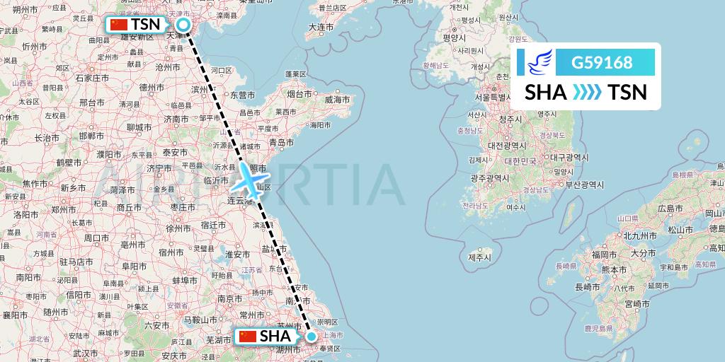 G59168 China Express Airlines Flight Map: Shanghai to Tianjin