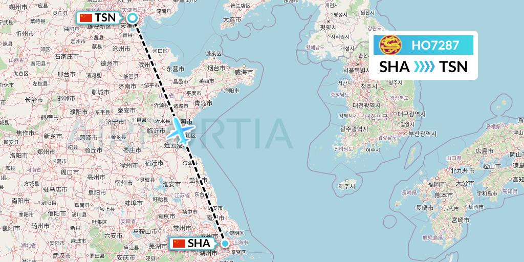 HO7287 Juneyao Airlines Flight Map: Shanghai to Tianjin