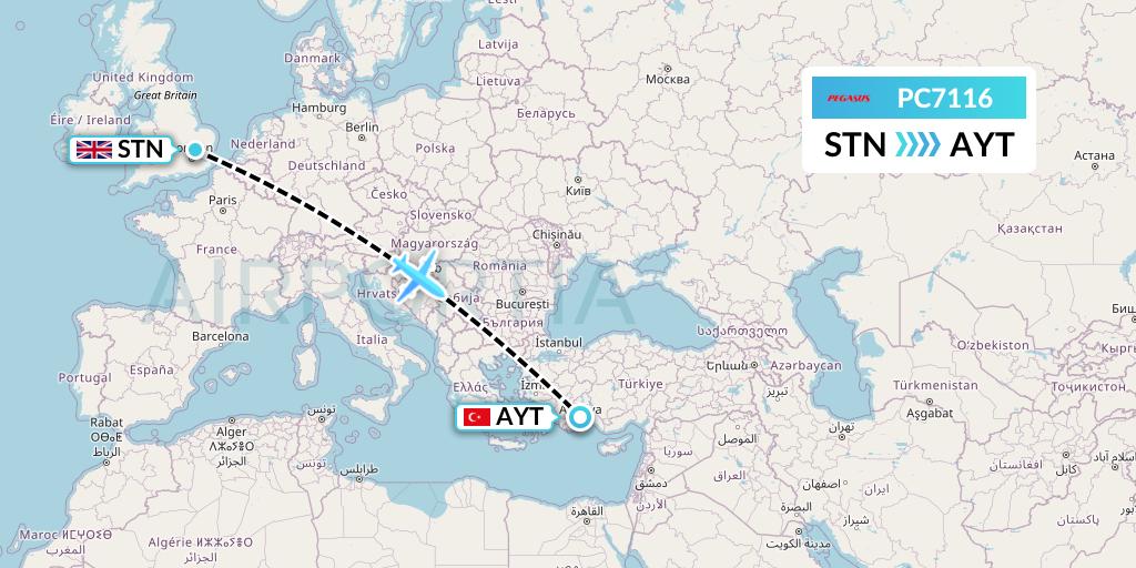 PC7116 Pegasus Airlines Flight Map: London to Antalya